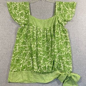 APT. 9 Womens Spring Summer Floral Green Top Ruffle Sleeves Large Side Waist Bow